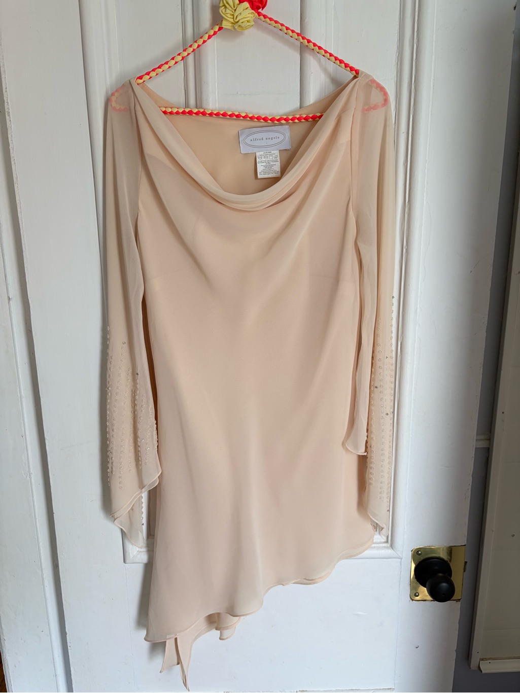 Y2k Alfred Angelo Soft Cream Asymmetric Chiffon Dress With Beaded Bell Sleeves